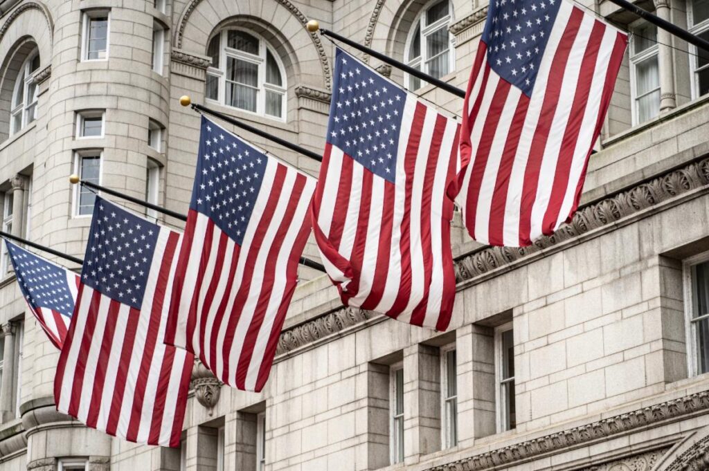 Flags flying in front of a courthouse like the one where the conservatorship proceedings are held