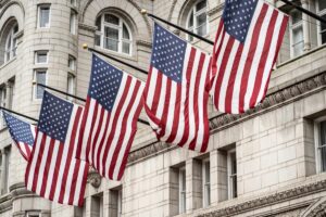 Flags flying in front of a courthouse like the one where the conservatorship proceedings are held